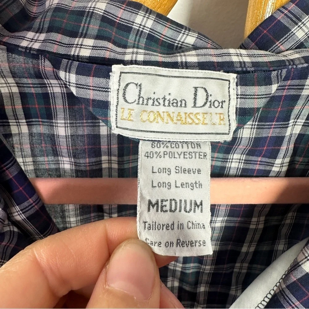 Vintage Christian Dior Blue Plaid Button Down Pajama Top sz M - Picture 3 of 3